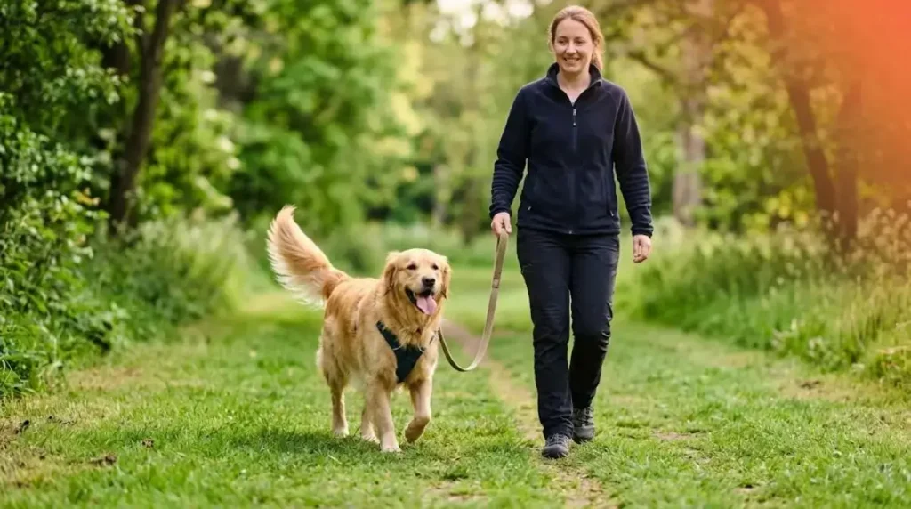 Perro paseando con su dueña