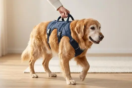 perro con arnés que le ayuda a pasear